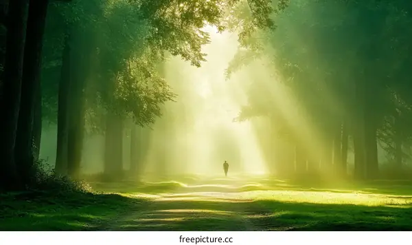Sunlight Path in a Lush Forest with a Person