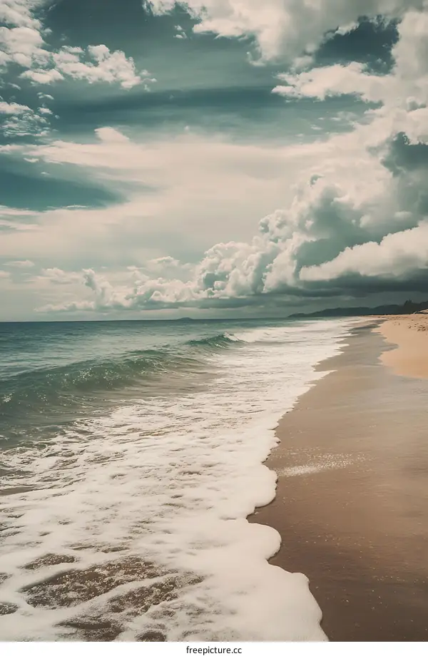 Tropical Beach with White Clouds and Foamy Waves