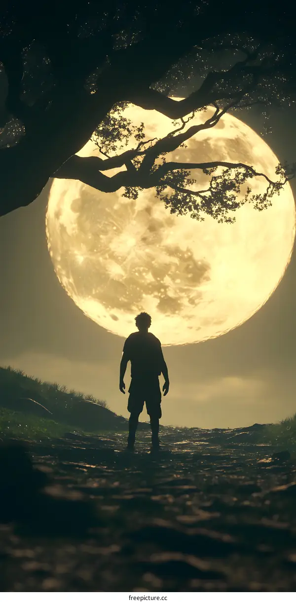 Silhouette of a Man Standing Under a Full Moon