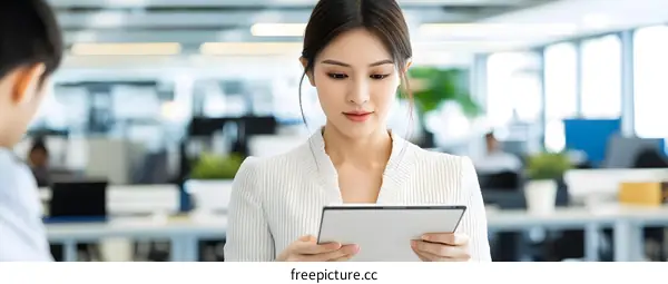 Young Asian Businesswoman using a Tablet in a Modern Office
