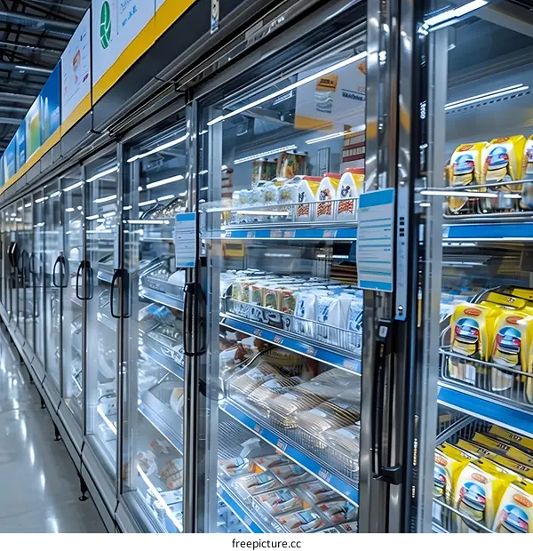 Refrigerator Display Case with Food Products in a Supermarket