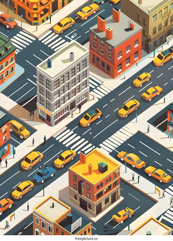 Cityscape Illustration with People, Buildings and Cars