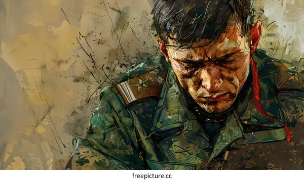 A soldier with a red scarf around his neck looks down in despair