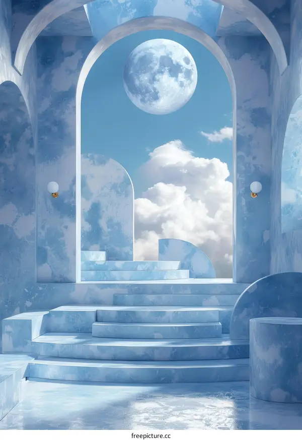 Blue surreal interior with arched openings and stairs leading to the full moon
