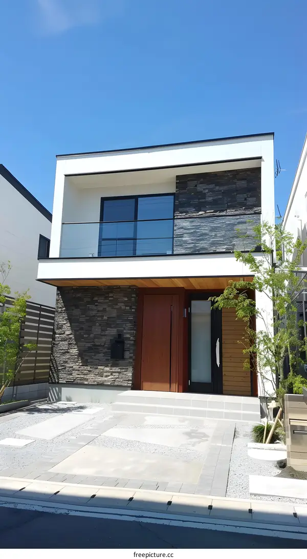 Modern House with Stone Facade and Balcony