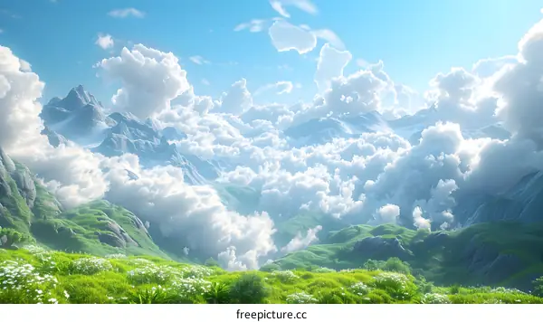 Green rolling hills and mountains in the distance