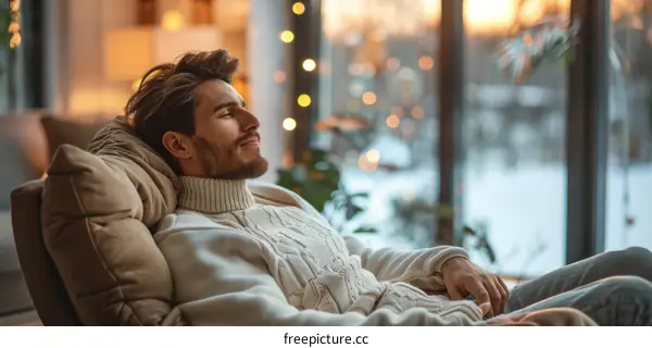 Bearded man relaxing on couch with eyes closed