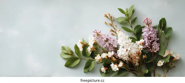 Springtime Lilac and Floral Arrangement on Pastel Background