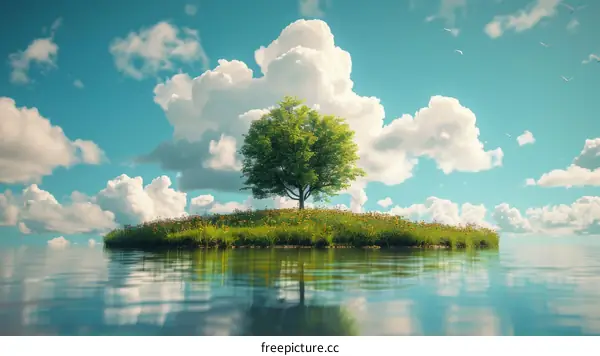 Small island with tree and flowers in the middle of the ocean