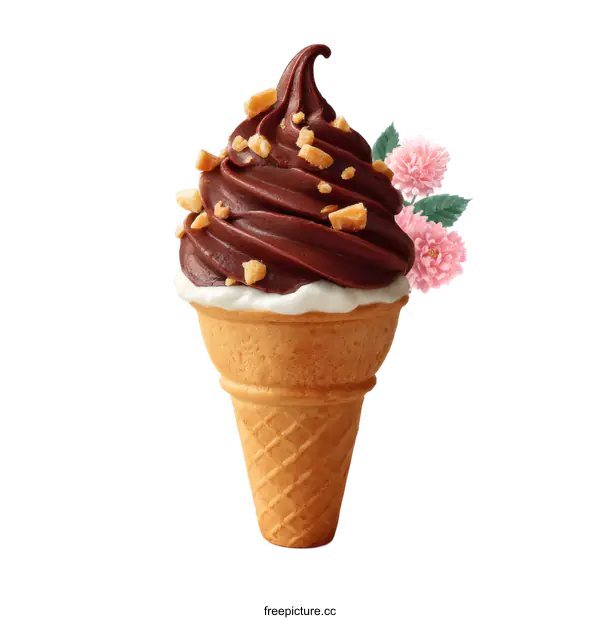 [Transparent Background PNG]Delicious Chocolate Ice Cream Cone with Flowers