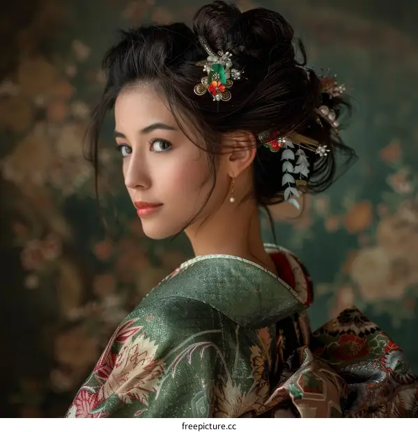 Portrait of a beautiful Asian woman in traditional Japanese kimono