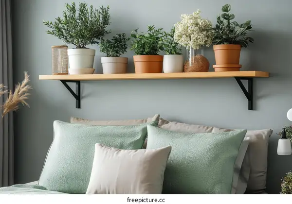 Bedroom Wall Shelf with Plants and Pillows
