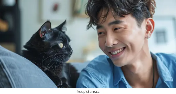 A young Asian man smiling at a black cat