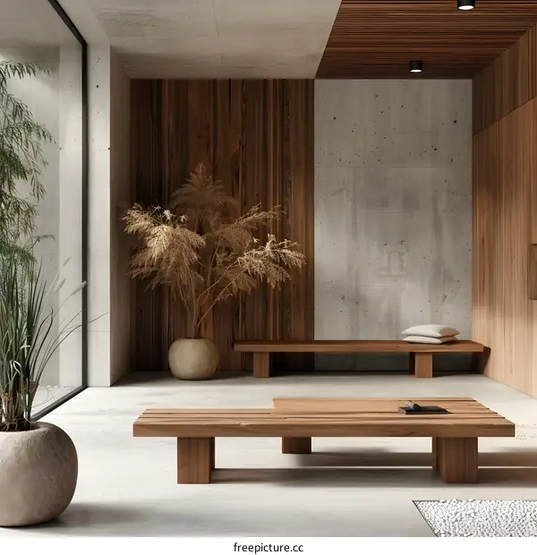 Minimalist Wooden Bench Interior Design With Concrete Walls