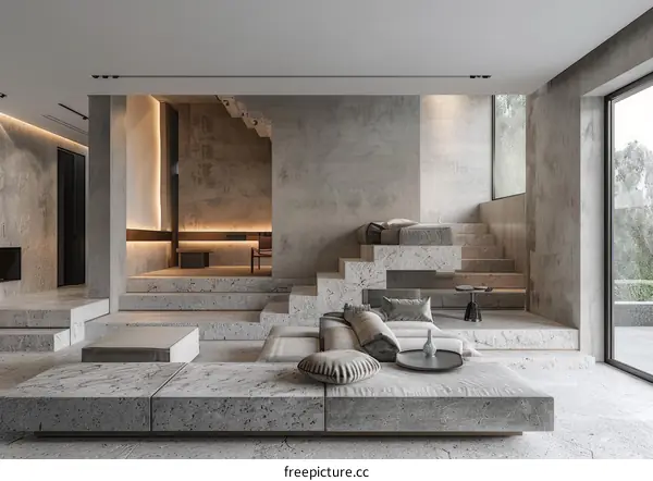 Modern Minimalist Open Concept Living Room and Bedroom