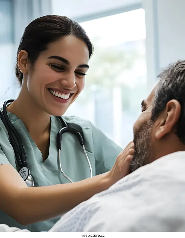 Smiling Female Nurse Caring for Patient in Hospital Room