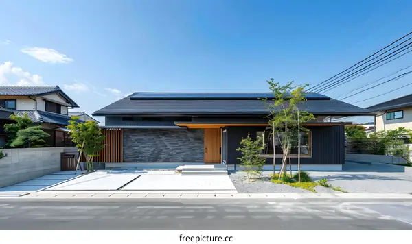 Modern Japanese House with Black Roof and Stone Wall