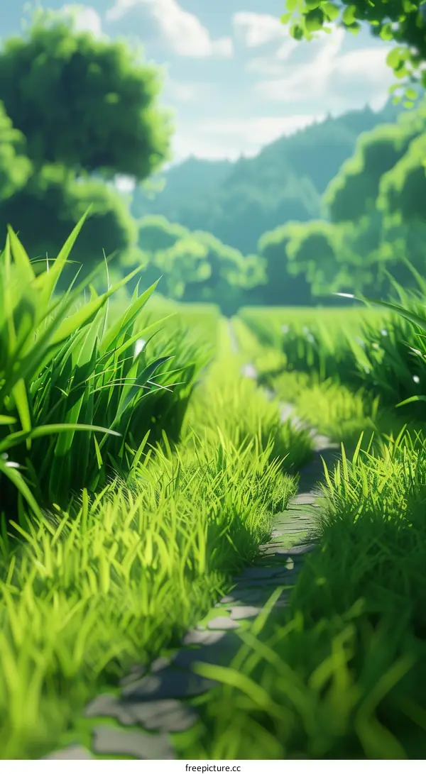 Stone Path Through Green Grass Field