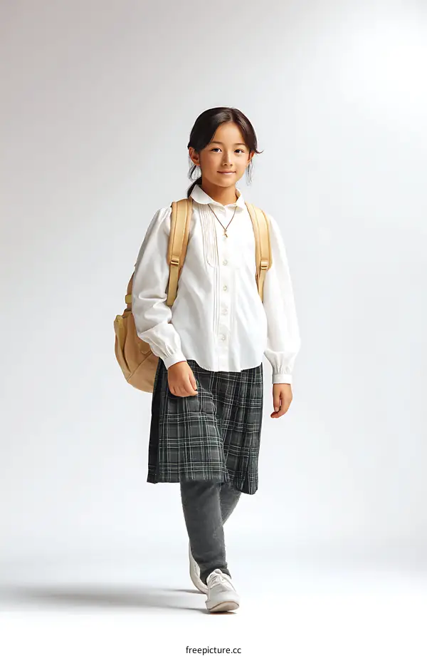 Schoolgirl with Backpack and Plaid Skirt