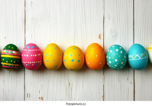Colorful Easter Eggs on White Wooden Background