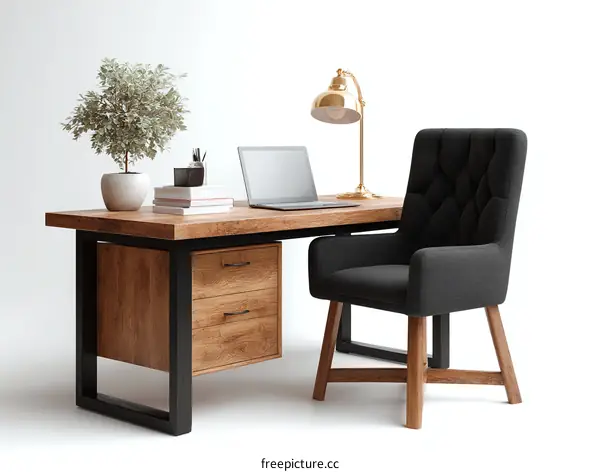 Modern Wooden Office Desk with Black Chair
