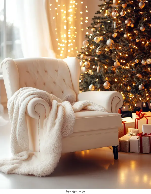 Cozy Christmas Living Room with Armchair and Tree