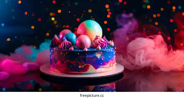 A Vibrant Celebration Cake Topped with a Cosmos of Frosting