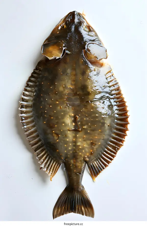 A large brown flounder on a white background