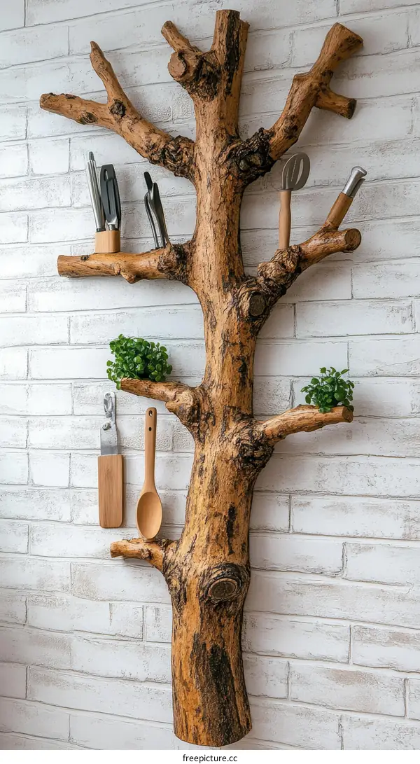 Rustic Wooden Tree Wall Decor Kitchen Utensil Holder