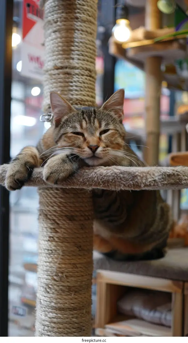 A ginger cat sleeping on a cat tree
