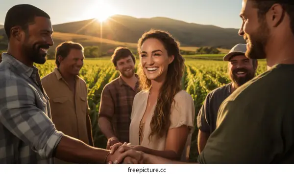 Multiethnic group of farmers standing in a lush green field shaking hands