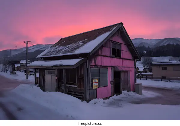 Pink Wooden House in Winter with Snowy Mountain View