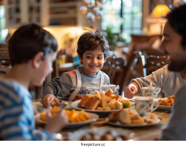 A family is having breakfast in the dining room.