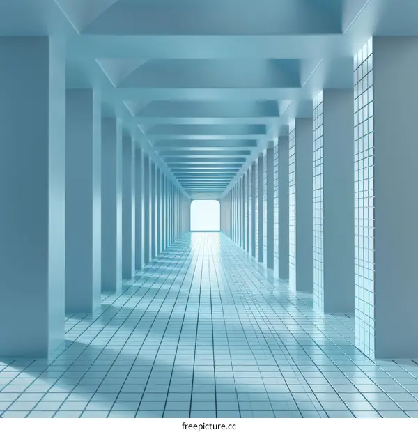 Long Blue and White Corridor with Bright Light at the End