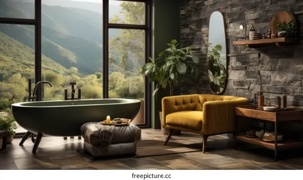 Modern bathroom interior with green bathtub, yellow armchair, and stone wall