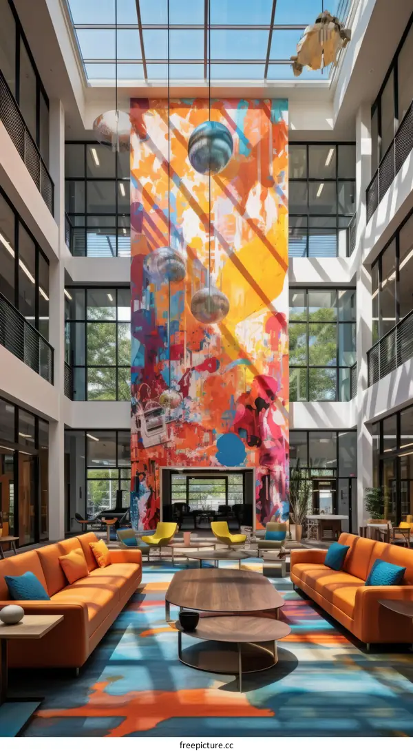 Modern Office Lobby with Vibrant Mural