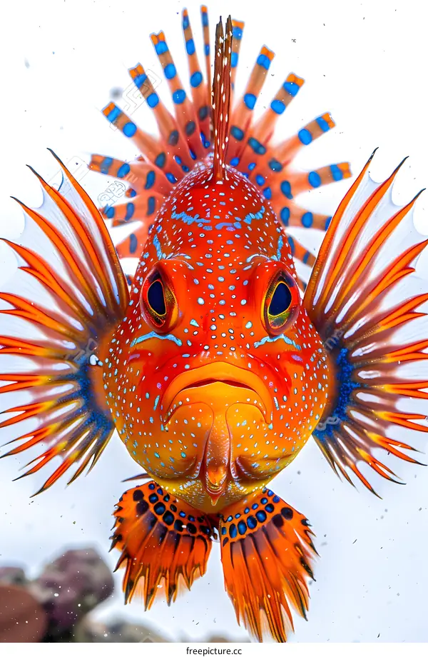 A close-up of a red and orange fish with blue stripes and spots