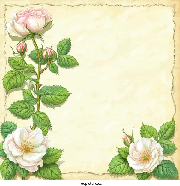 Vintage floral background with white and pink roses