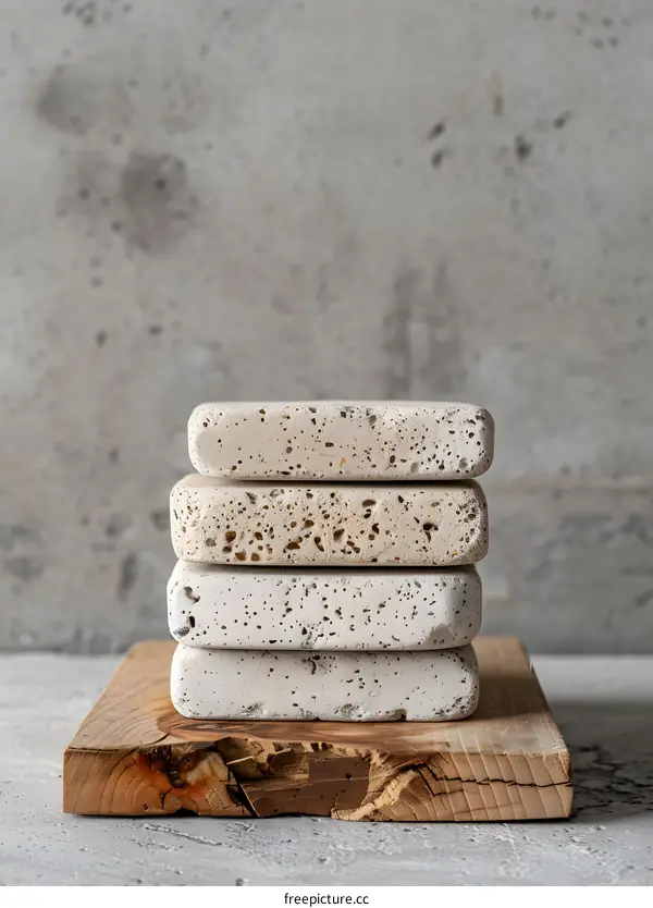 Stacked Stone Coasters On Wooden Platform
