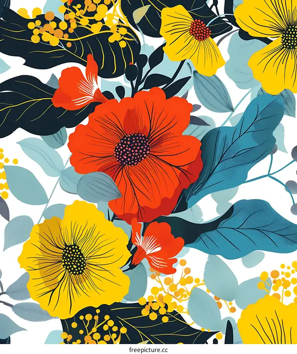 Floral Pattern Seamless Design With Yellow Red And Blue Colors