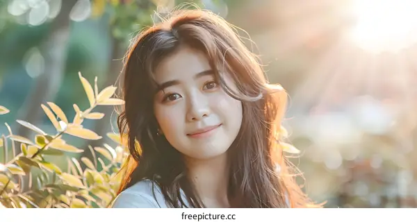 Smiling Asian Woman with Long Hair in Nature