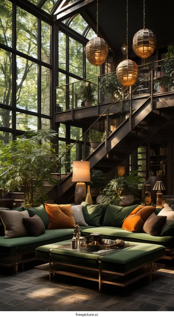 Modern Living Room with Glass Window, Staircase, and Green Sofa