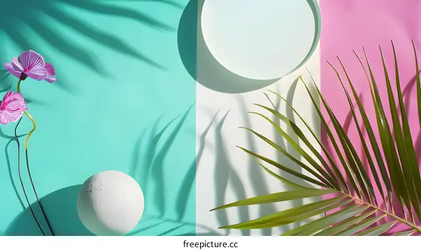 Summer Minimalist Background with Green Palm Leaves and Pink Orchid Flowers