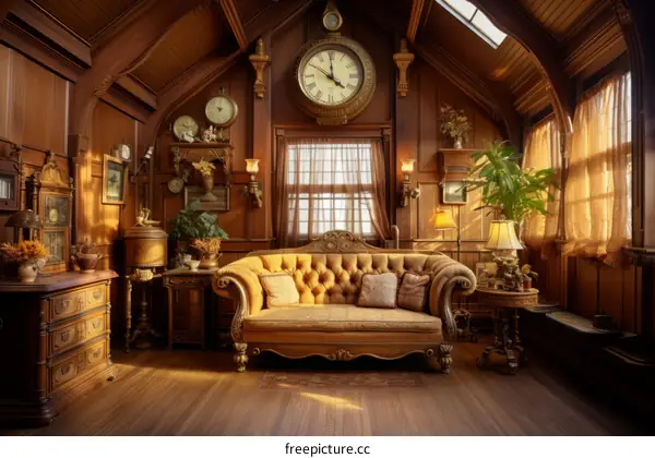 ornate wooden living room with couch and grandfather clock
