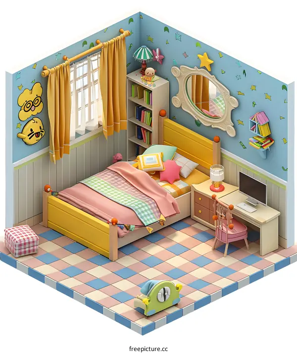 Cute Cartoon Bedroom Interior Design With Bed, Desk, And Bookcase