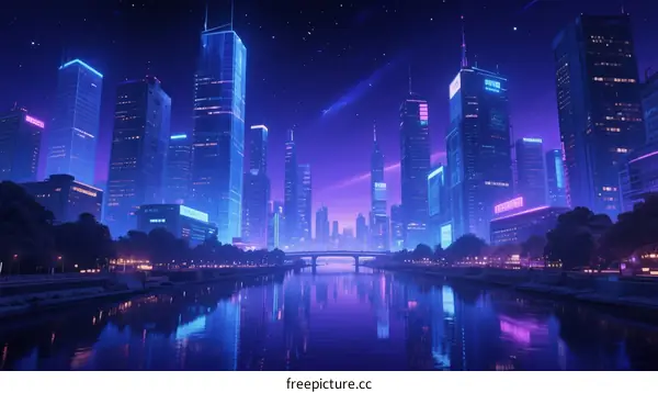 Futuristic Cityscape with Glowing Neon Lights Reflecting on Water