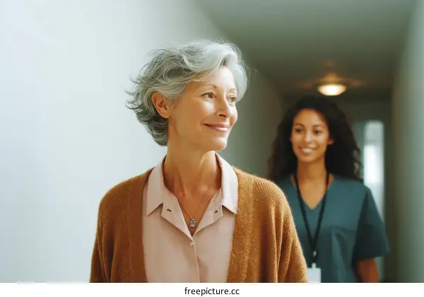 Elderly Woman and Nurse Walking Down Hospital Corridor