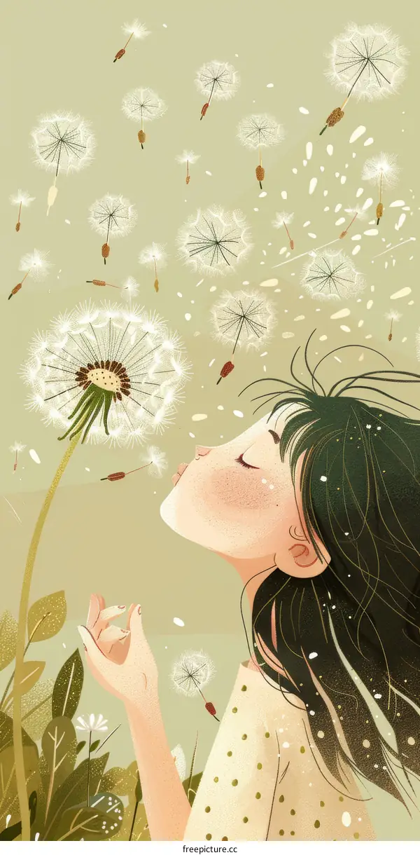 A girl blowing dandelion seeds in the wind