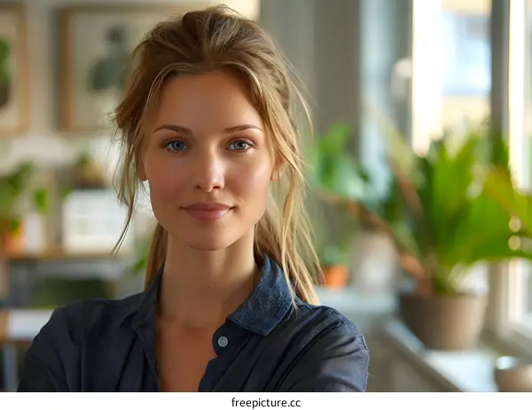 Portrait of a young woman with blond hair and blue eyes