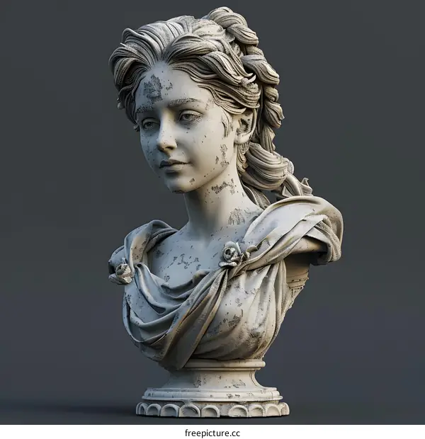 3D rendering of a classical marble sculpture of a womans head and shoulders